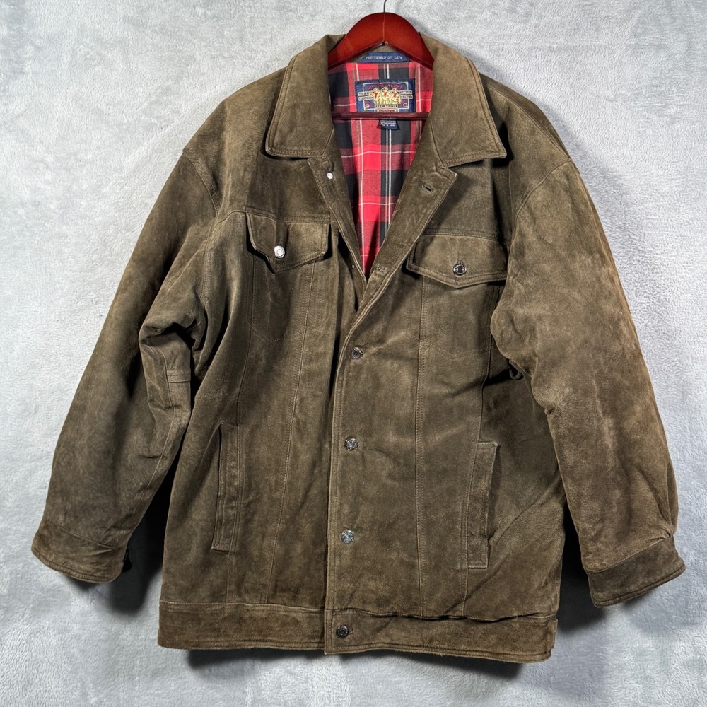 Ralph Lauren Chaps Suede Leather Jacket Mens XL Brown Plaid Lined Vintage *FLAW